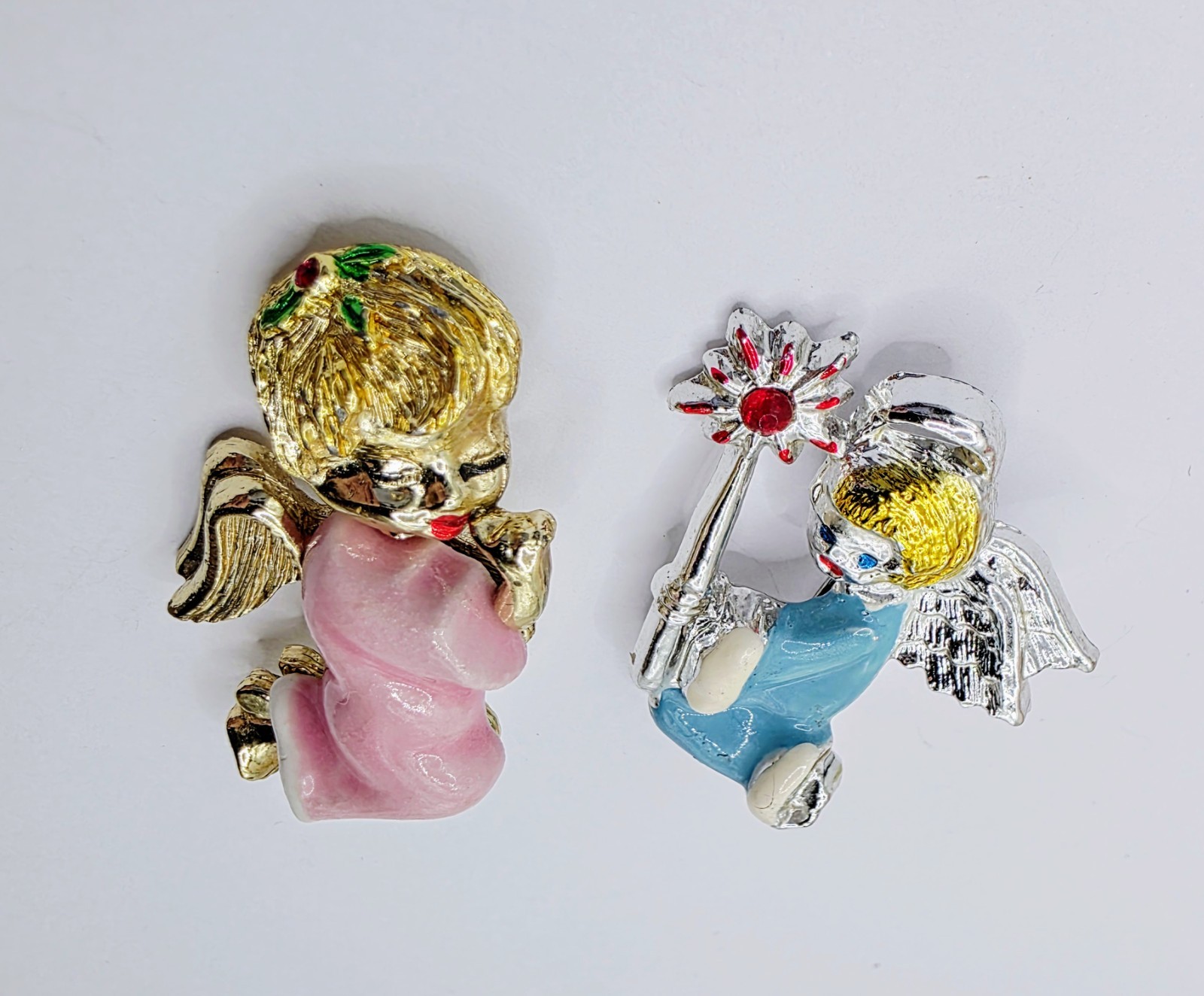 Vintage Ceramic Enamel Rhinestone Angel Brooches