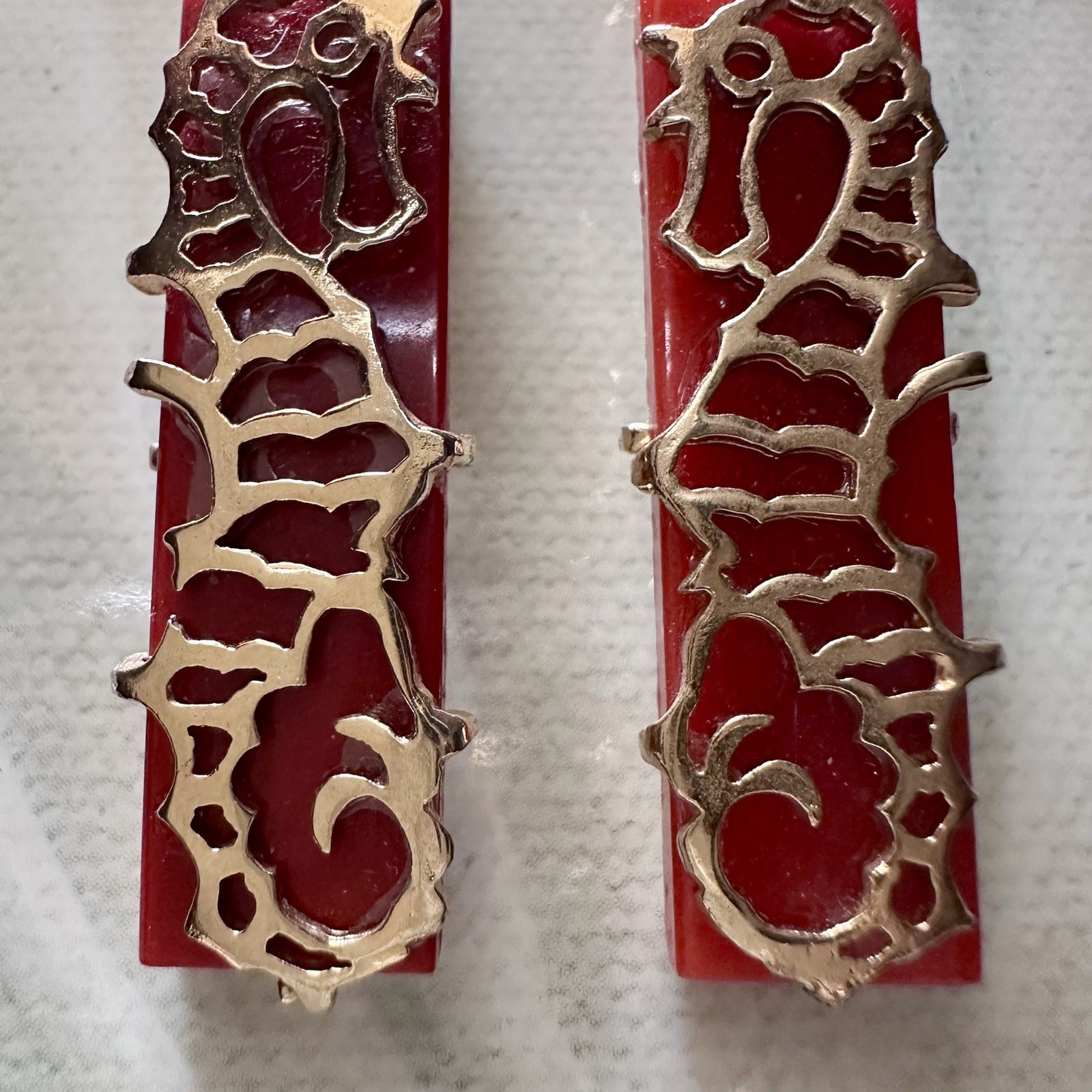 Rare Signed Boucher Seahorse Clip Earrings Red Glass Gold Tone Nautical VTG