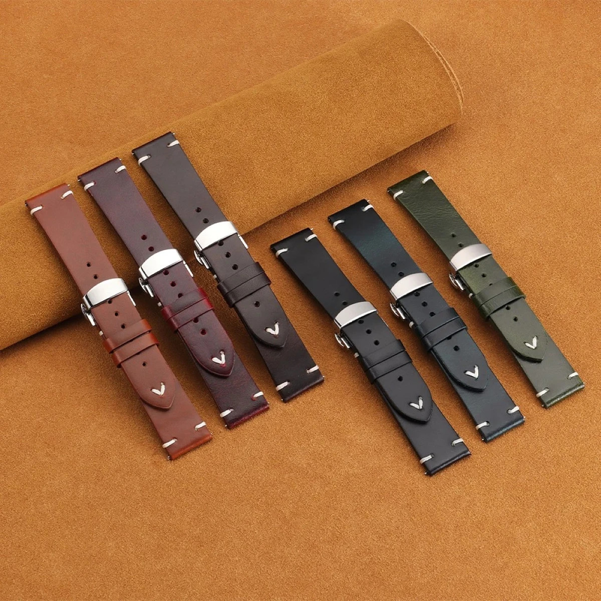 Genuine Leather Butterfly Buckle Watch Bands 18/20/22mm Waterproof Retro Oil Wax