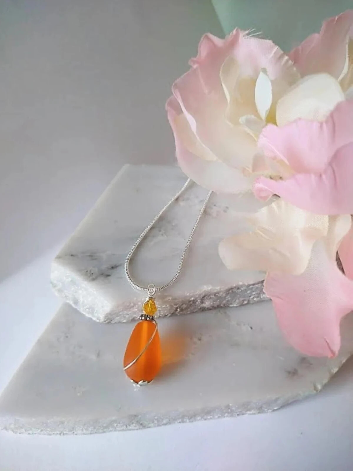 Orange Sea Glass Necklace, Wire Wrap Jewelry Birthday Gifts Tear Drop Dangle