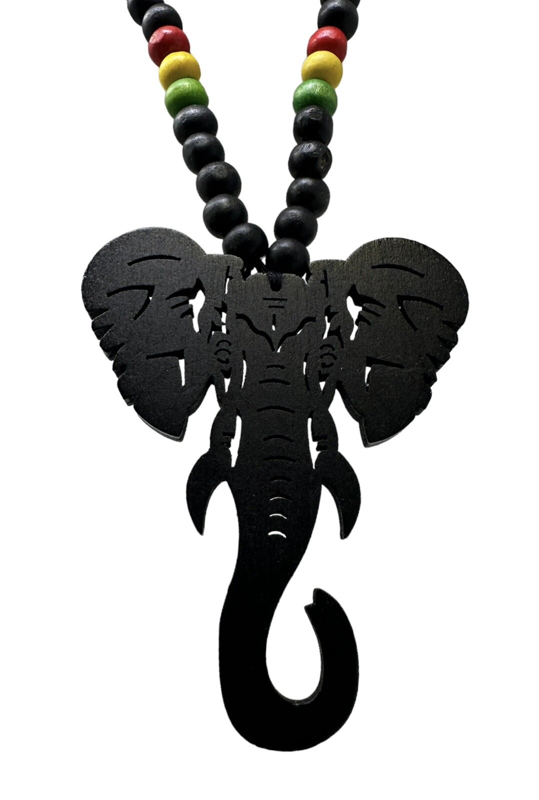 Handcrafted Wooden Elephant Head Necklace with Rasta Accent Beads – 30” Length