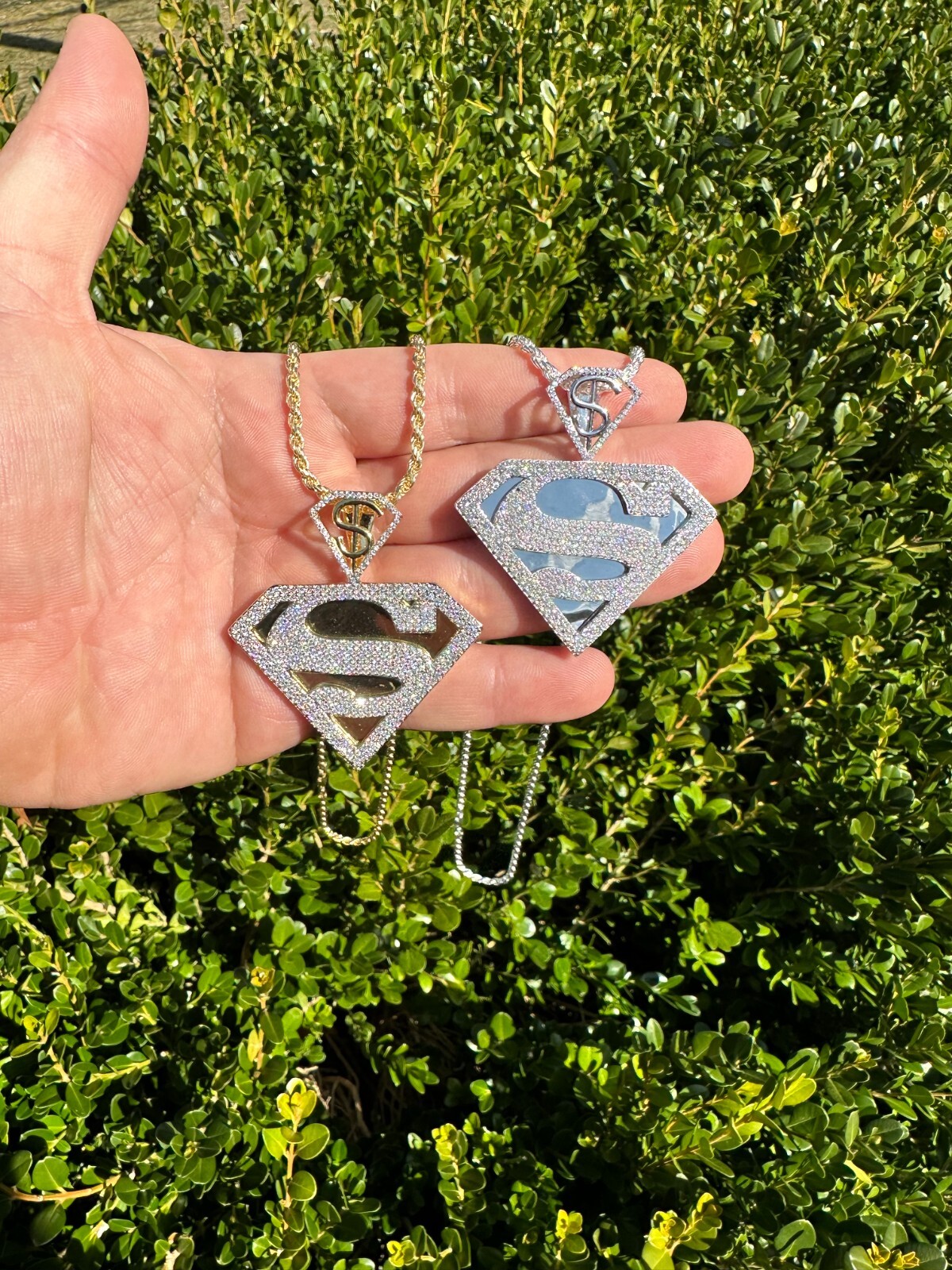 MOISSANITE Real 925 Silver/Gold Plated Iced SUPERMAN Superhero Pendant Necklace