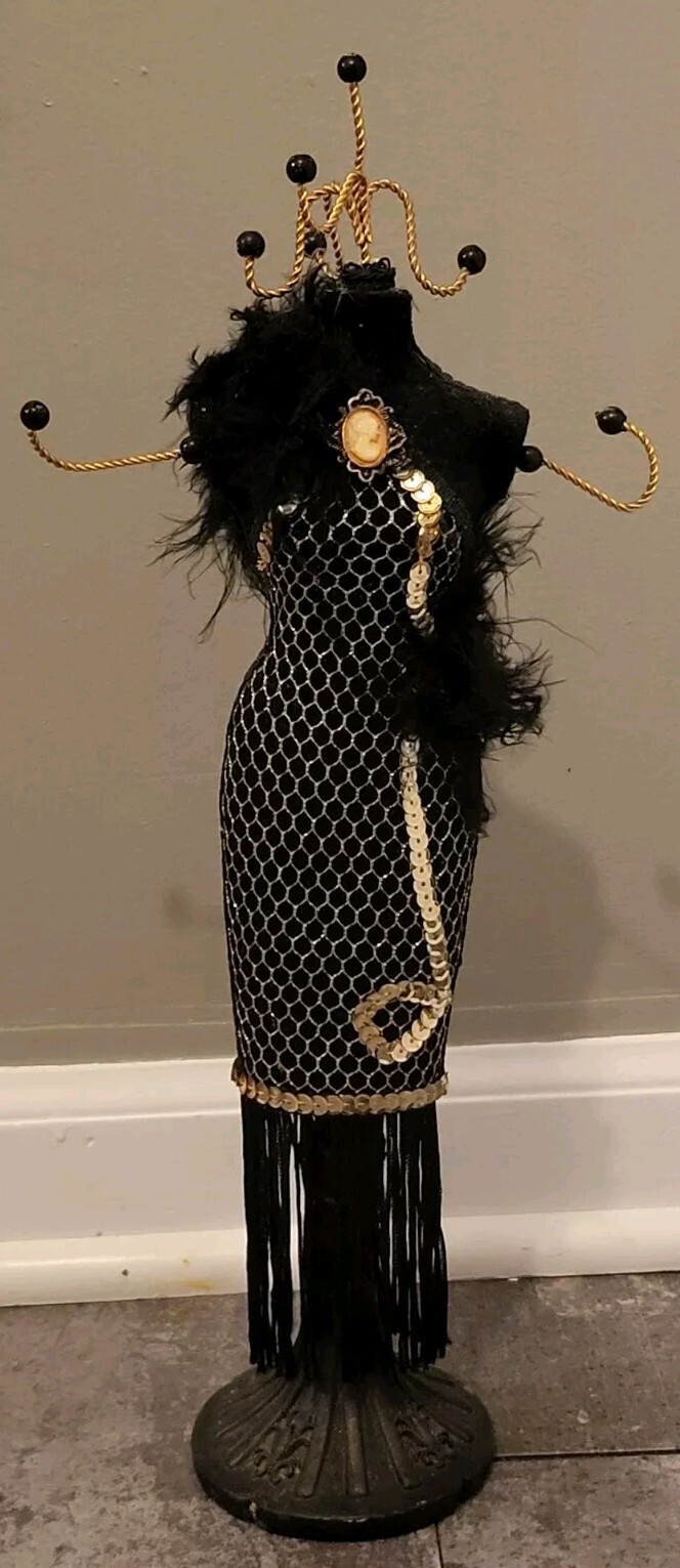 Victorian Style Fringed Sequin Mannequin Doll Hook Jewelry Holder Cameo Feathers
