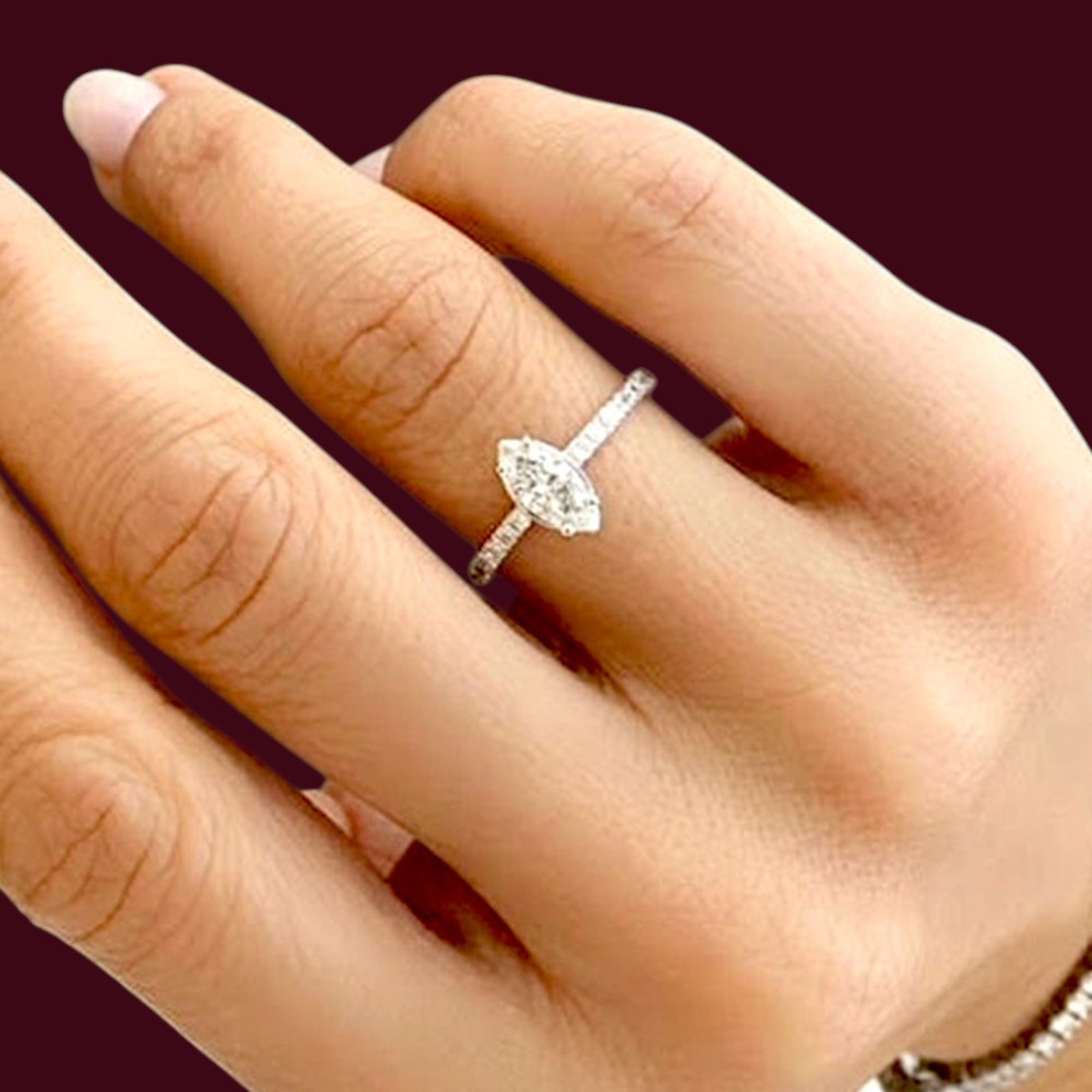 Diamond Ring Gold Lab Grown Designer Marquise Cut 18k White GLI E F 0.89 Carat