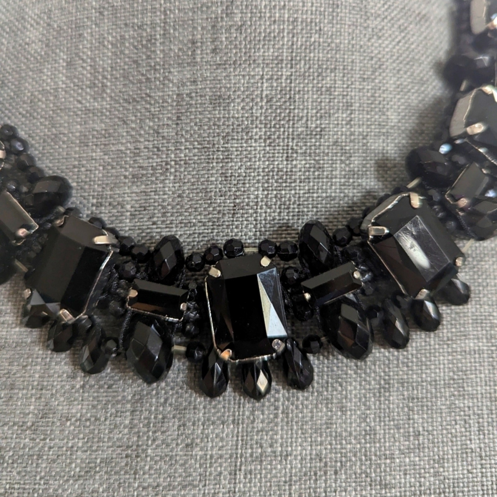 Artisan Black Rhinestone Regency Goth Whimsygoth Evening Collar Bib Necklace