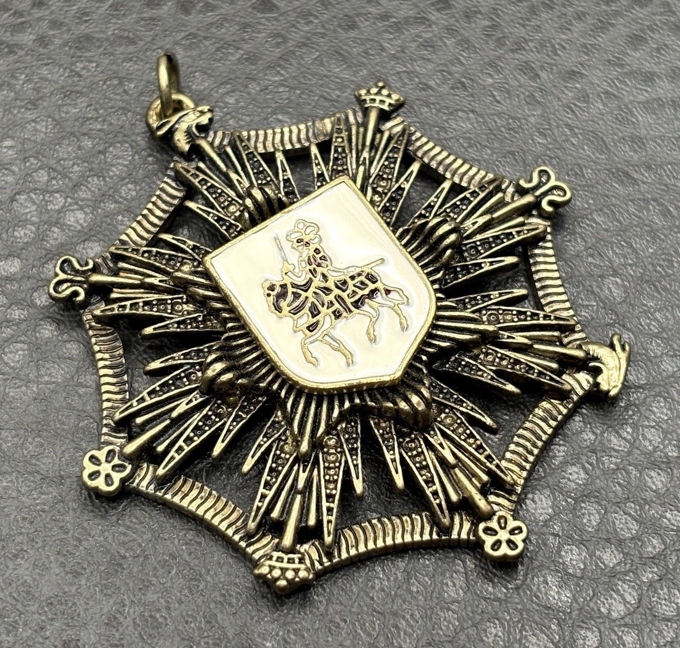 Vintage Large Heraldic Lion Knight Rampant Coat of Arms Pendant Brass Tone