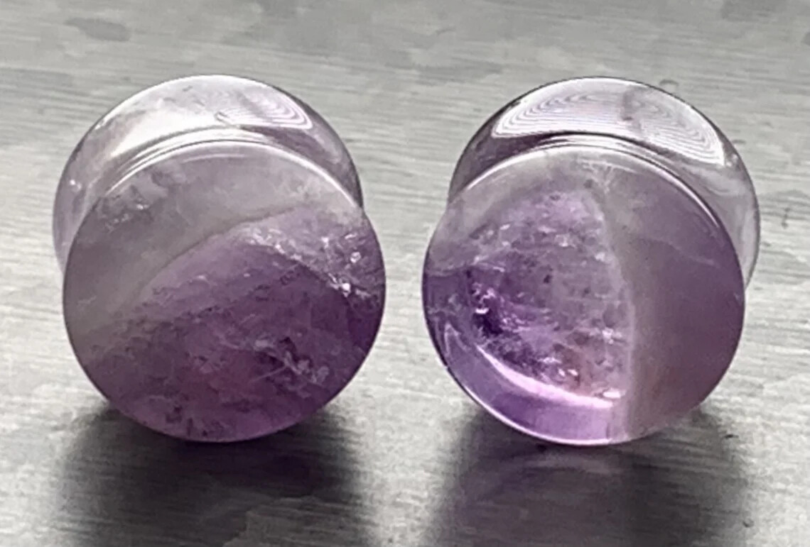 PAIR Concave Amethyst Stone Plugs Natural Organic Earlets Amythest Tunnel Gauges