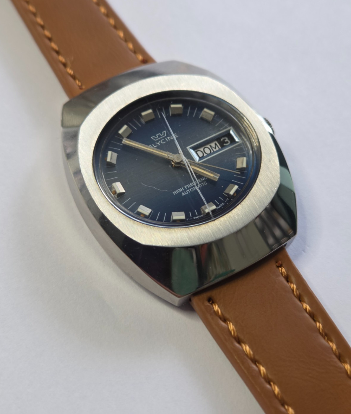 NOS Glycine Hight Frecuency Automatic Watch Vintage Mens Blue Fractured glass