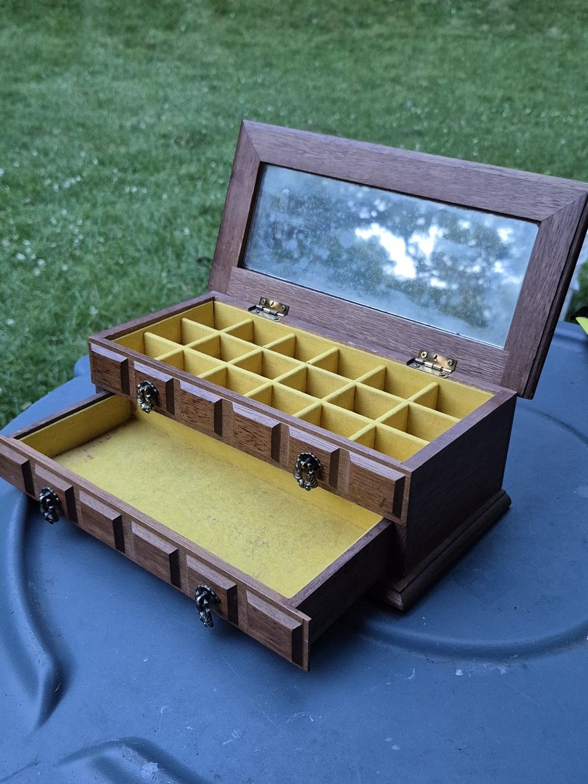 Vintage Wood Jewelry Box Mirror Mustard Yellow Corduroy Lining 2 Tier Organizer