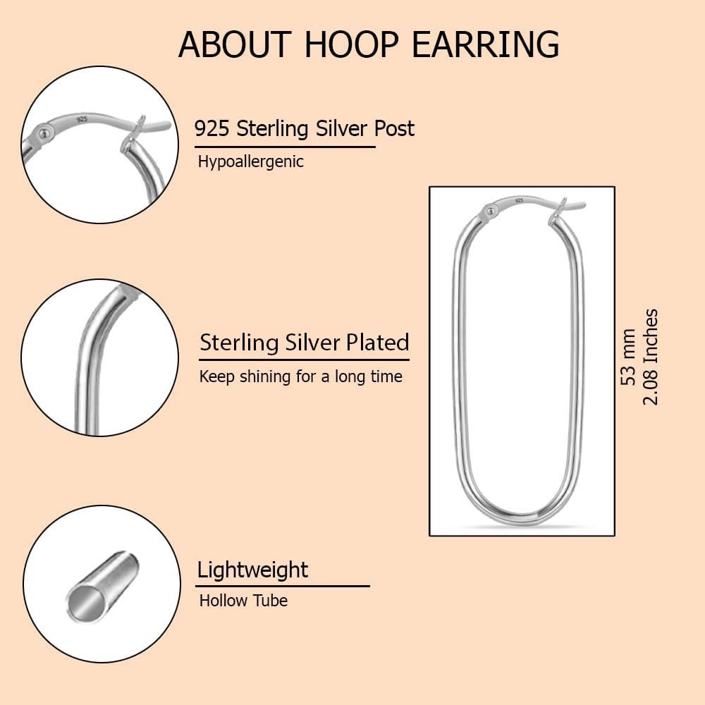 925 Sterling Silver Post Oval Lightweight Large Hoop Earrings for Women 52 mm