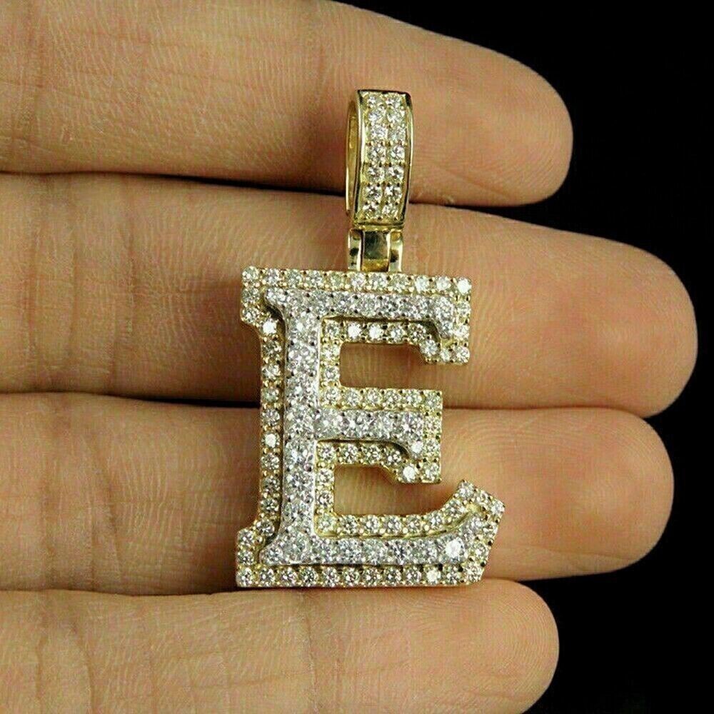 1.10Ct Round Cut Moissanite Customize E Letter Pendant In 14k Yellow Gold Plated