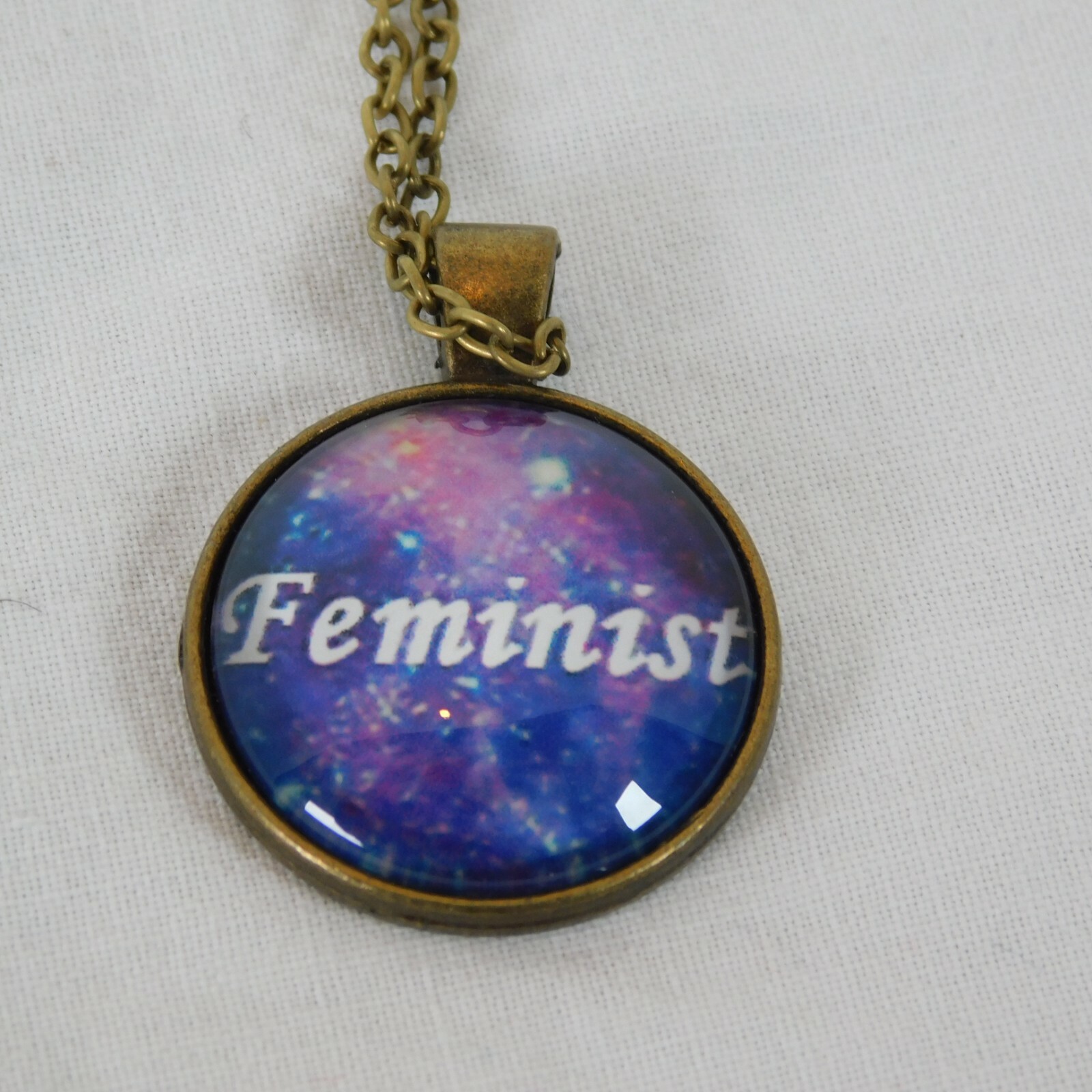 Feminist Word Purple Pink Cosmos Bronze Tone Cabochon Pendant Chain Necklace Rd