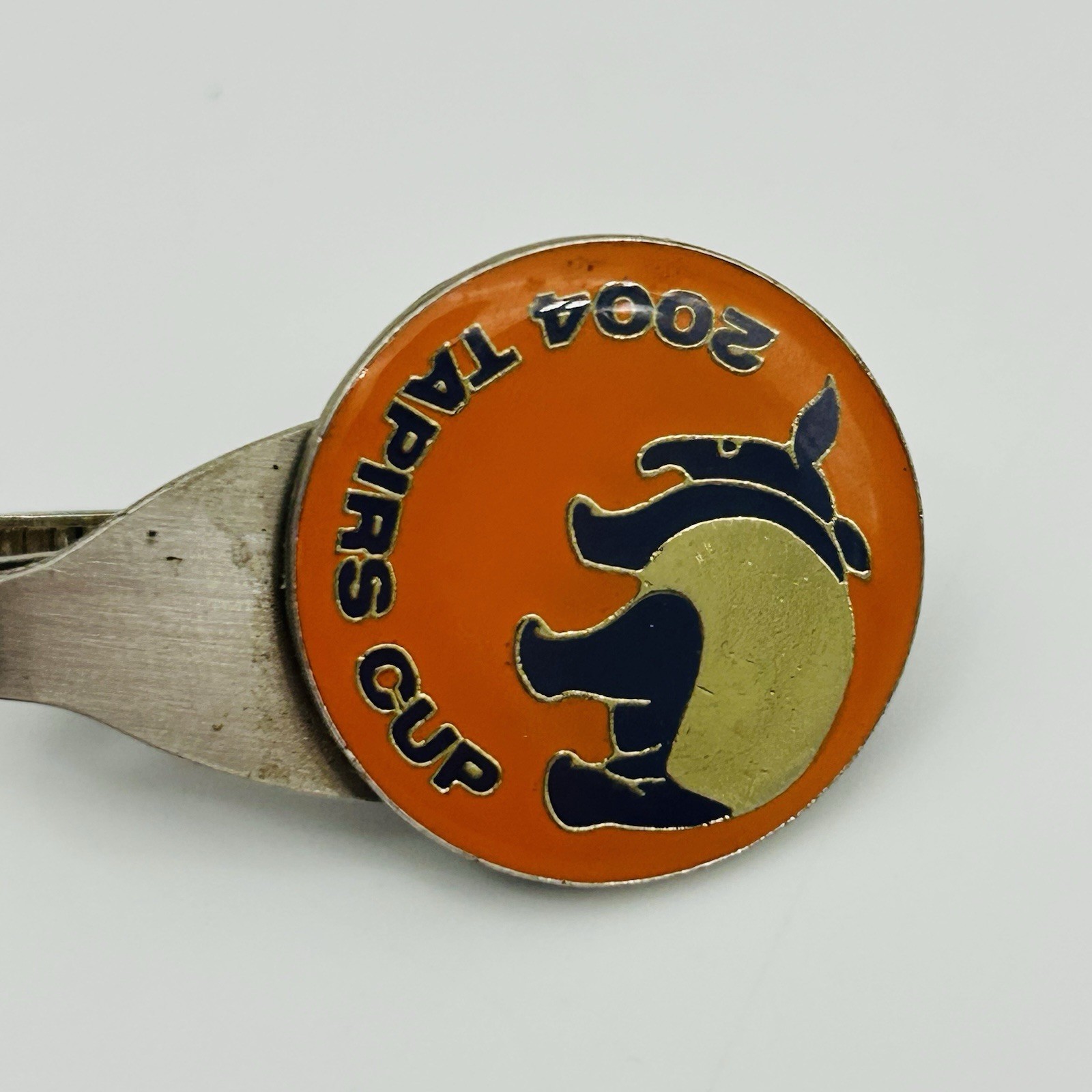 VINTAGE 2004 Tapirs Cup Tie Bar Pin Japan Silver Toned Orange Antique Logo Mens