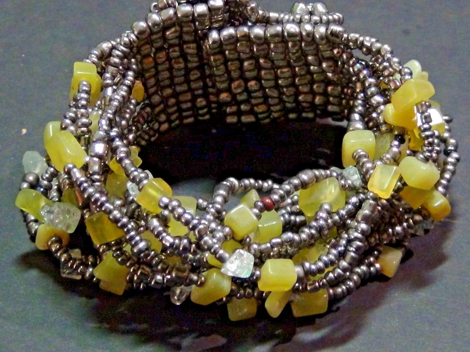 Multi-wrap Bracelet Cuff Beaded Glass Grey Lime Green Bracelet Button Closure