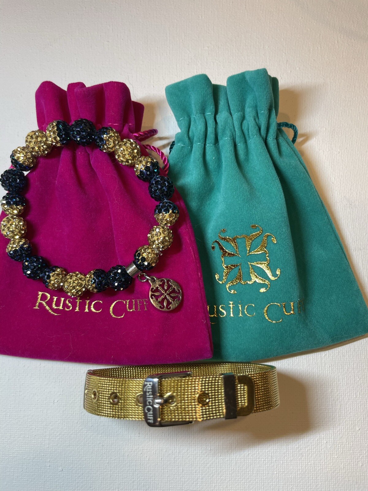 Rustic Cuff Bracelet 2 Piece Set Shambala Beads And Mesh Band Navy/Gold w/bags