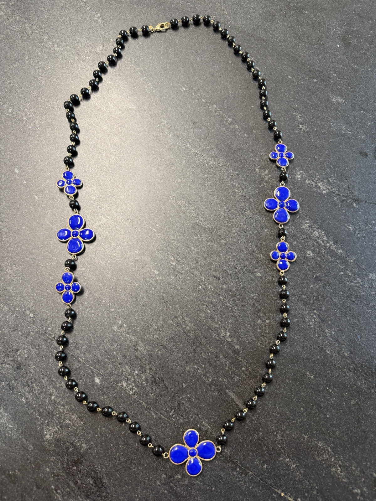 Vtg Françoise Montague Paris 46″ Long Sautoir Necklace Blue Clover Poured Glass