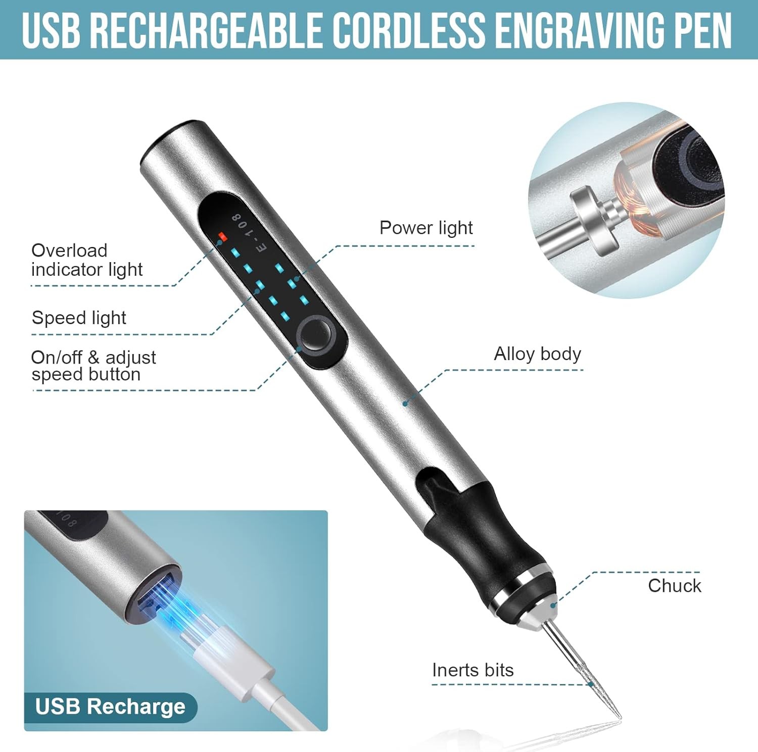 USB Rechargeable Engraving Pen with 34 Bits Mini Electric DIY Engraver Cordless