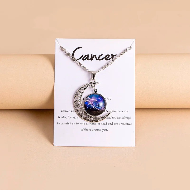 Moon Shaped Zodiac Sign Necklace Horoscope Astrological Pendant with 17″ Chain