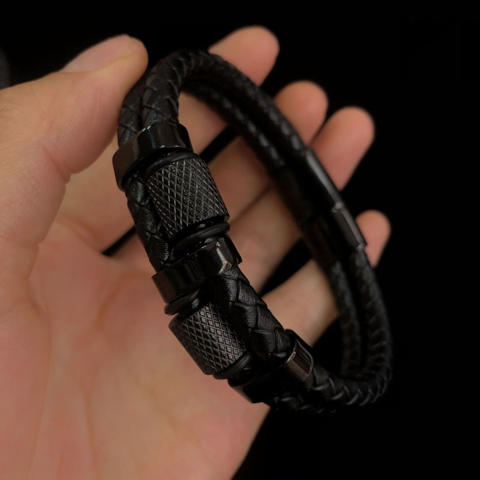 Men’s Stainless Steel Genuine Leather Bracelet Strength Fashion Bangle Wrap USA