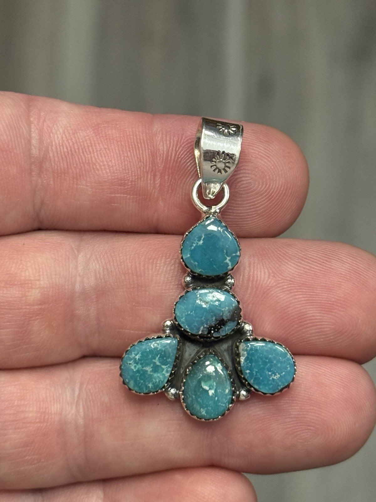 STERLING SILVER WHITE WATER TURQUOISE 5 STONE MIX SHAPE CLUSTER PENDANT .925