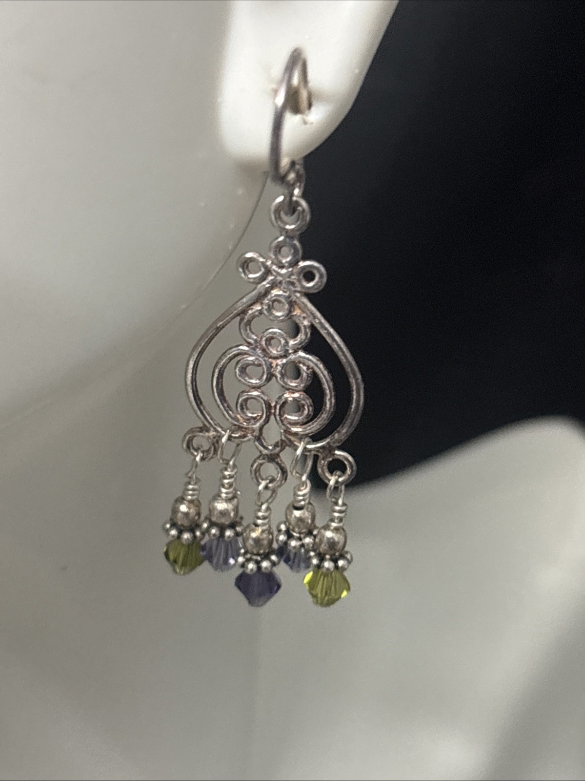 Vintage Sterling Silver Drop Earrings Green Purple Beads Dangle 6g 2”