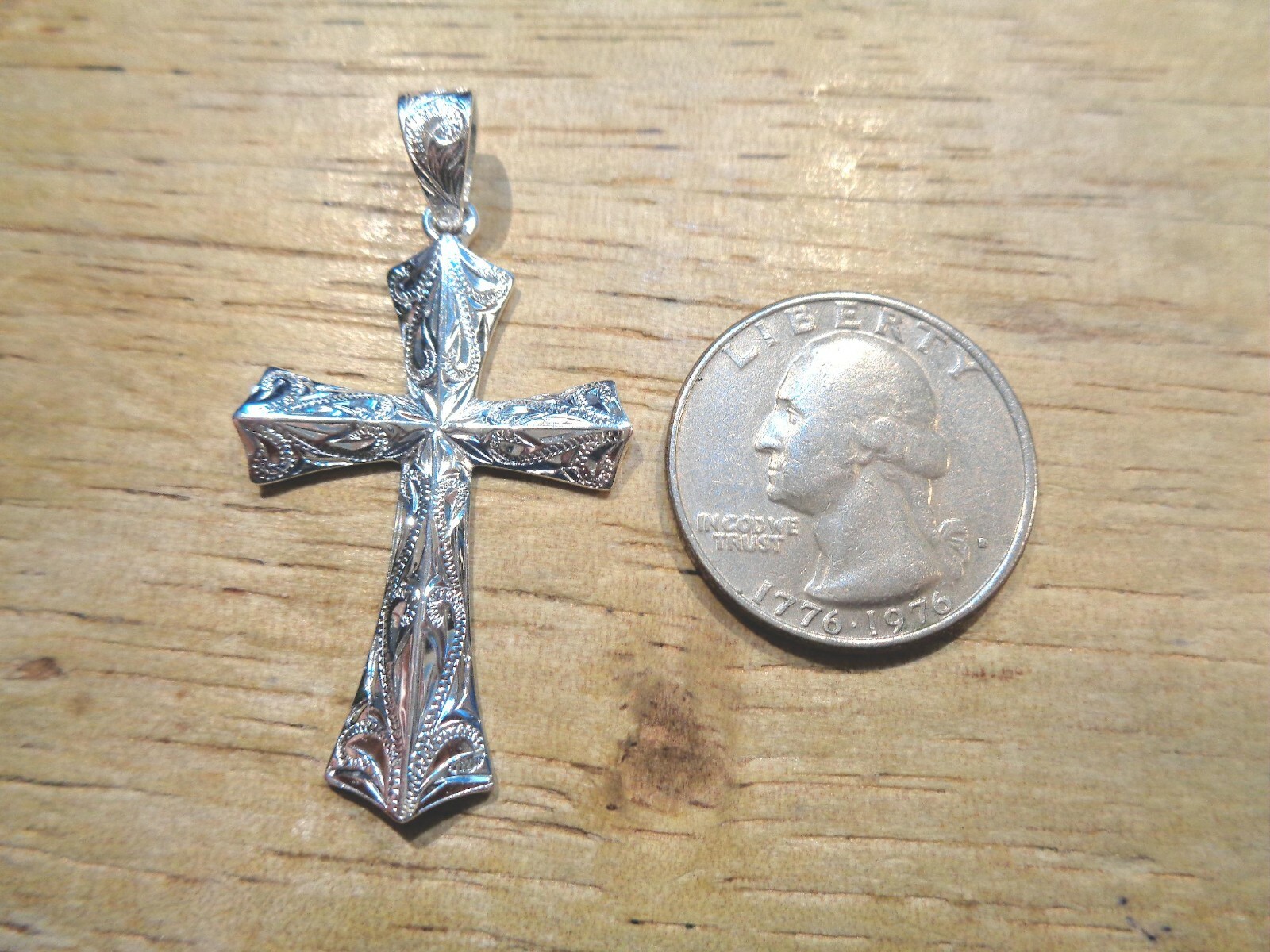 25.5MM SOLID 925 STER SILVER HAND ENGRAVED HAWAIIAN SCROLL FUSILLY CROSS PENDANT