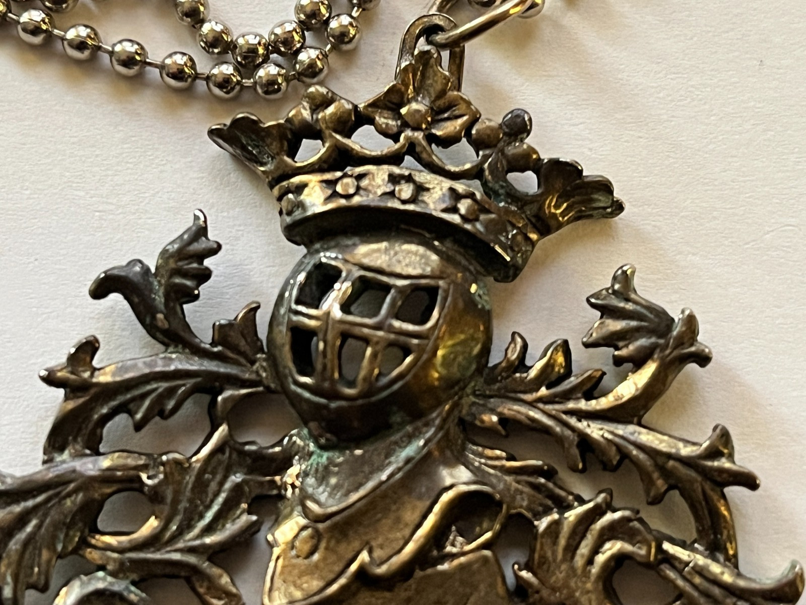 Vintage Coat of Arms Crown Fleur de Lis Shield Pendant Brass/Bronze with Patina