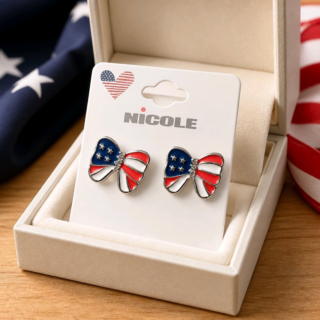 Patriotic American Flag Bow Stud Earrings 4th of July Memorial Day Red White Blu