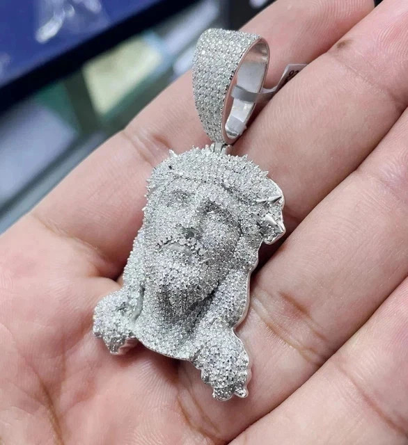 3.20Ct Round Cut Real Moissanite Jesus Face Men’s Pendant 14K White Gold Plated