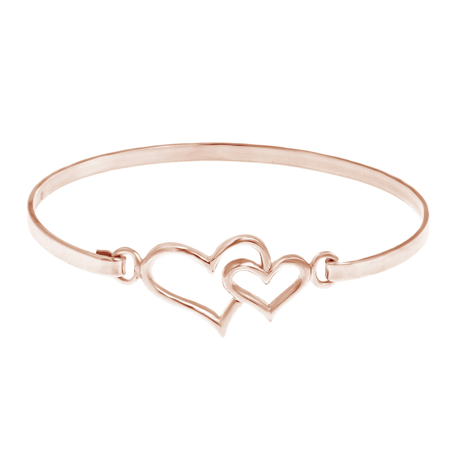 Double Heart One Love 14K Rose Gold Plated Sterling Silver Bangle Bracelet