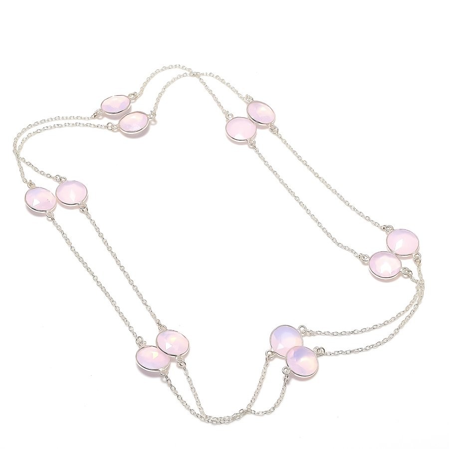 Pink Milky Opal 925 Sterling Silver Gemstone Jewelry Chain Necklace 36″ CH 1108