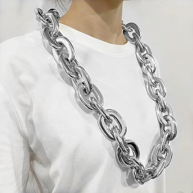 Silver Hip Hop Large Acrylic Thick Plastic Cuban Link Chain Necklace 32in 80cm