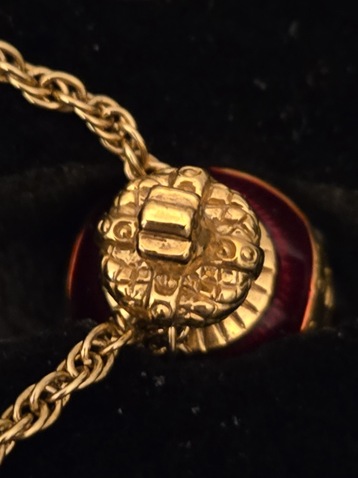 Beautiful Joan Rivers Red/Burgundy enamel egg Pedant With Chain. NIB