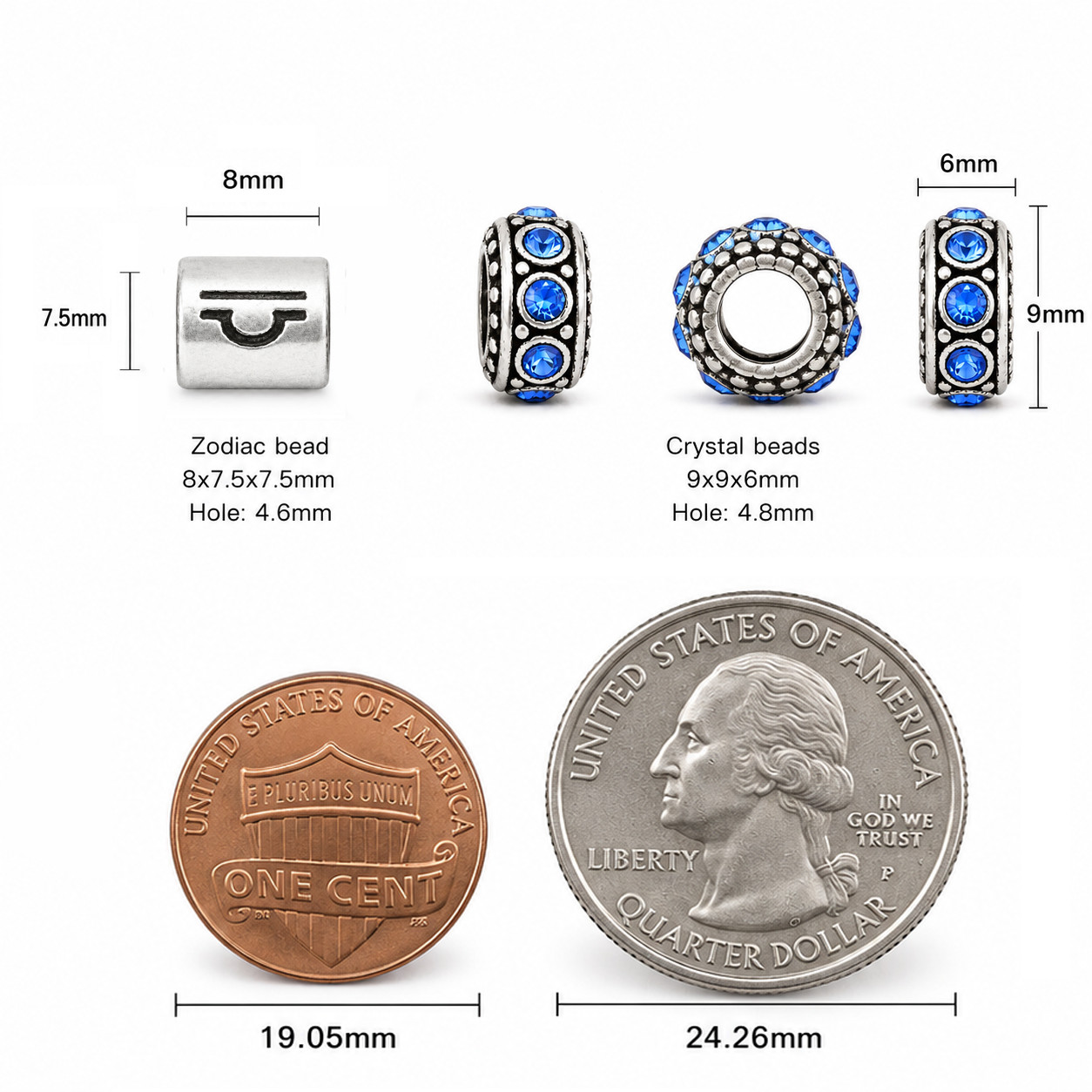 Libra Zodiac Sign Bead With September Or October Birthstones For Charm Bracelets