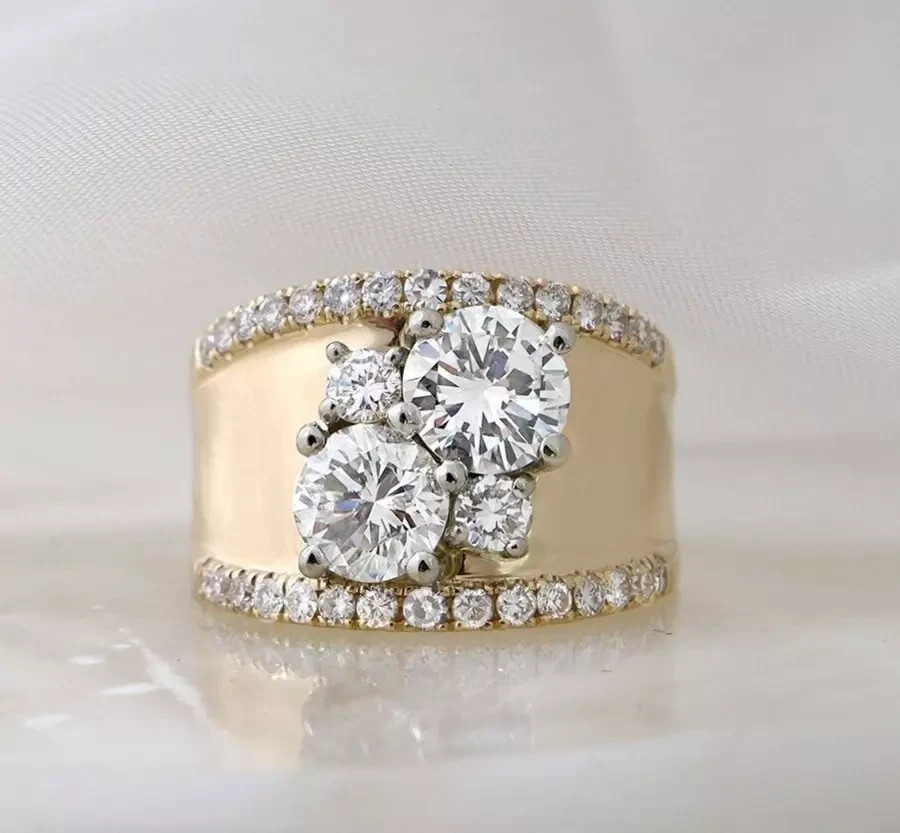 Women Thick Wedding Band Round Cluster Moissanite Wide Band Engagement Fancy