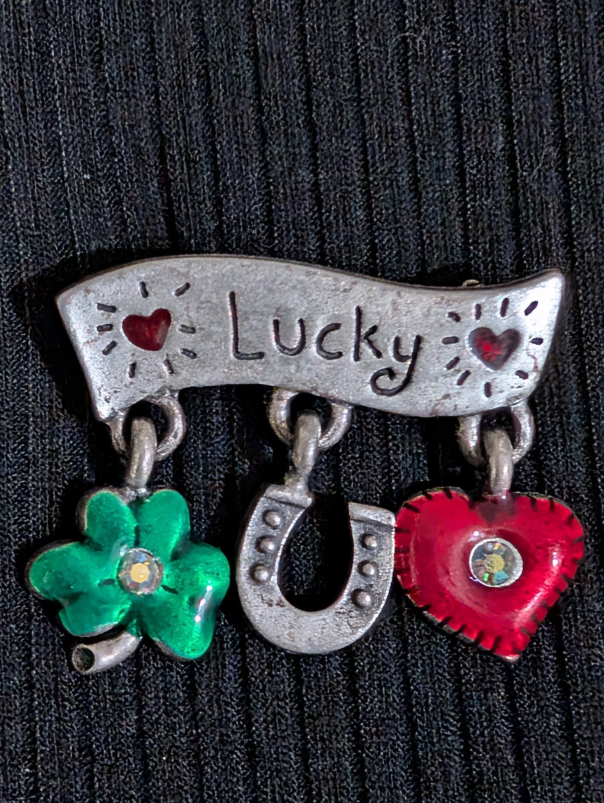 Vintage AJMC Lucky Dangle Brooch Pin Heart Horseshoe Clover Enamel Clear Crystal
