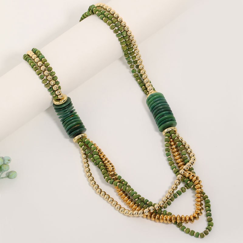 Boho Green Gold Bead Necklace Round Button Disc Long Statement Style 32”