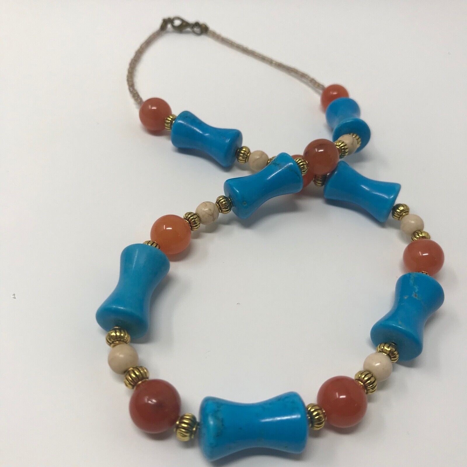 Handmade Necklace of Turquoise and Tan Magnesite and Round Orange Quartz Beads