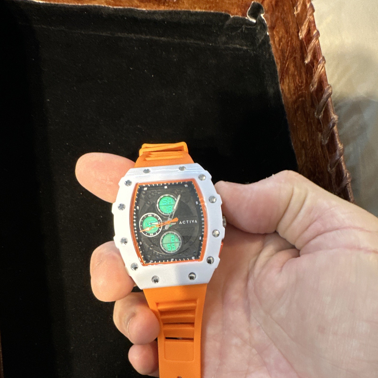 Activa Quartz Chronograph 48mm Tonneau Black/Orange Dial Orange Rubber Strap