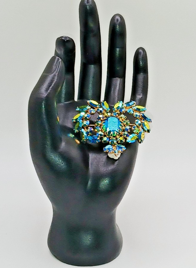 Vintage Sherman gold tone AB aqua yellow pink rhinestone brooch