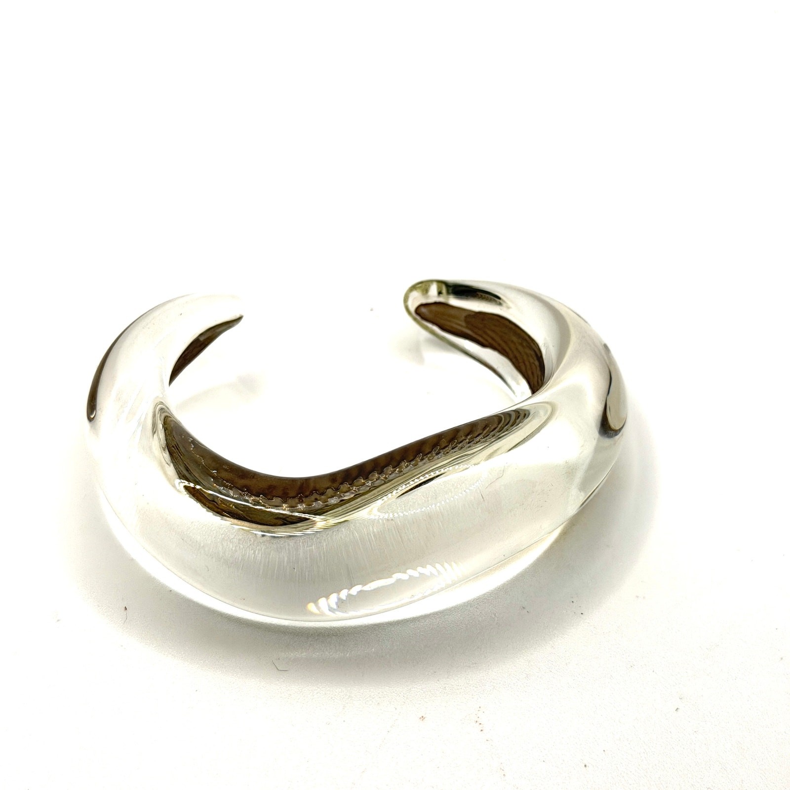Vintage 90s Handblown Sculptural Clear Glass Black Swirl Statement Cuff Bracelet
