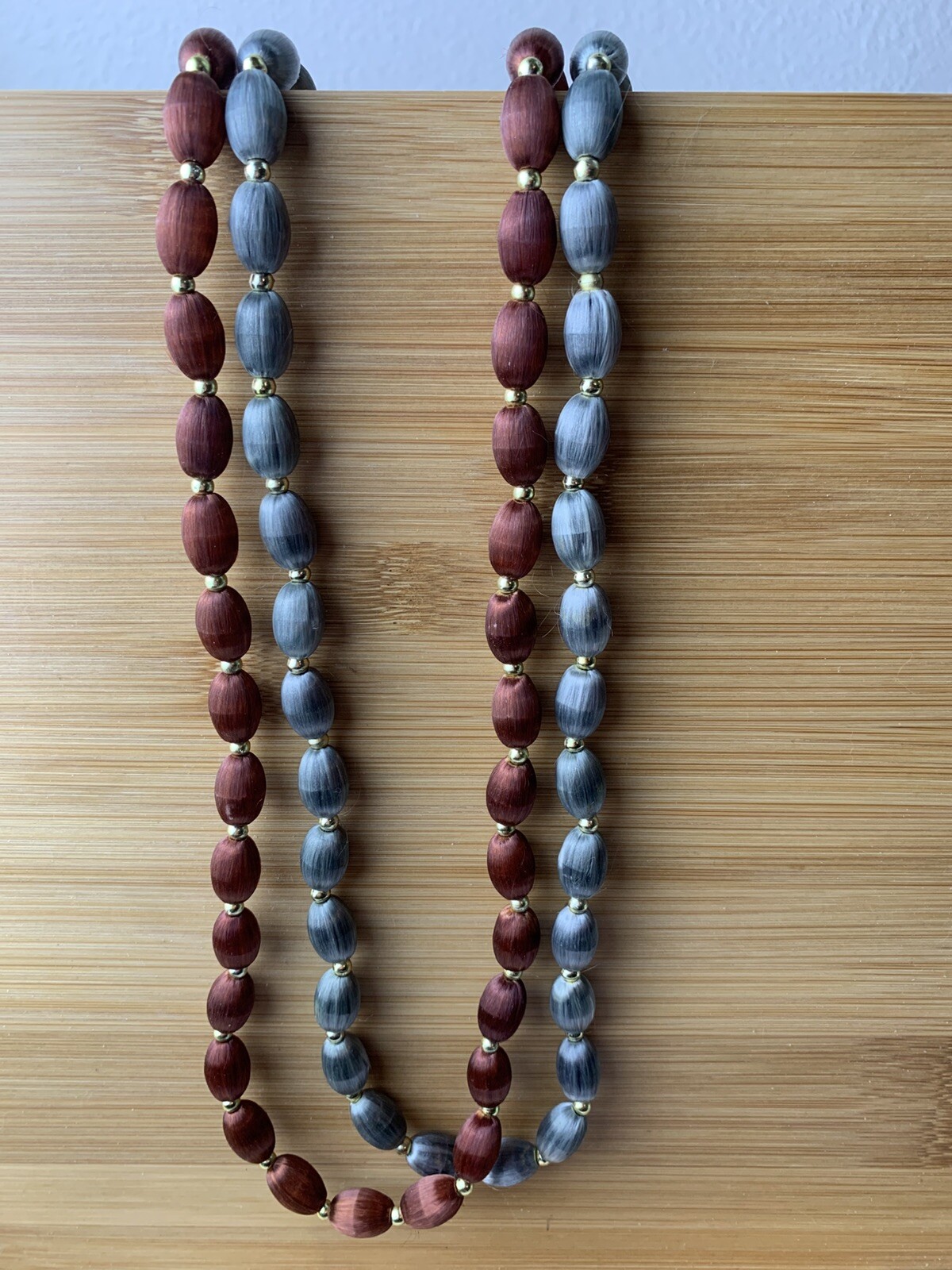 2 Vintage Red and grey Silk Thread Necklaces Wrapped Beads /30 inches