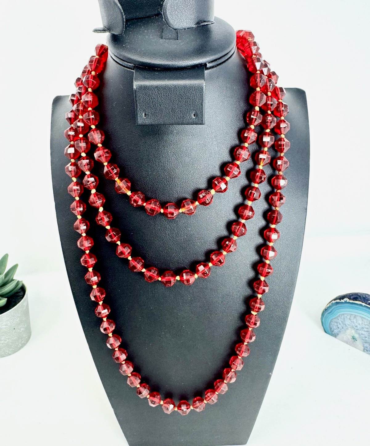 Red Glass Beaded Strand Necklace Ball/Bead Chain More Than 36 in Long