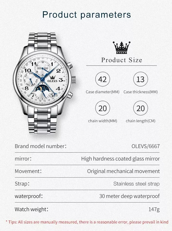 Automatic Mechanical Waterproof Watch Moon Phase OLEVS Luxury Men’s Men Strap