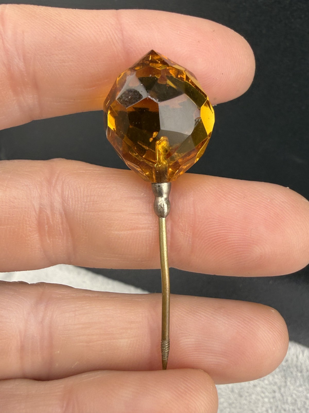 Vintage Stick Pin Faceted Orange Brown Glass Gold Tone