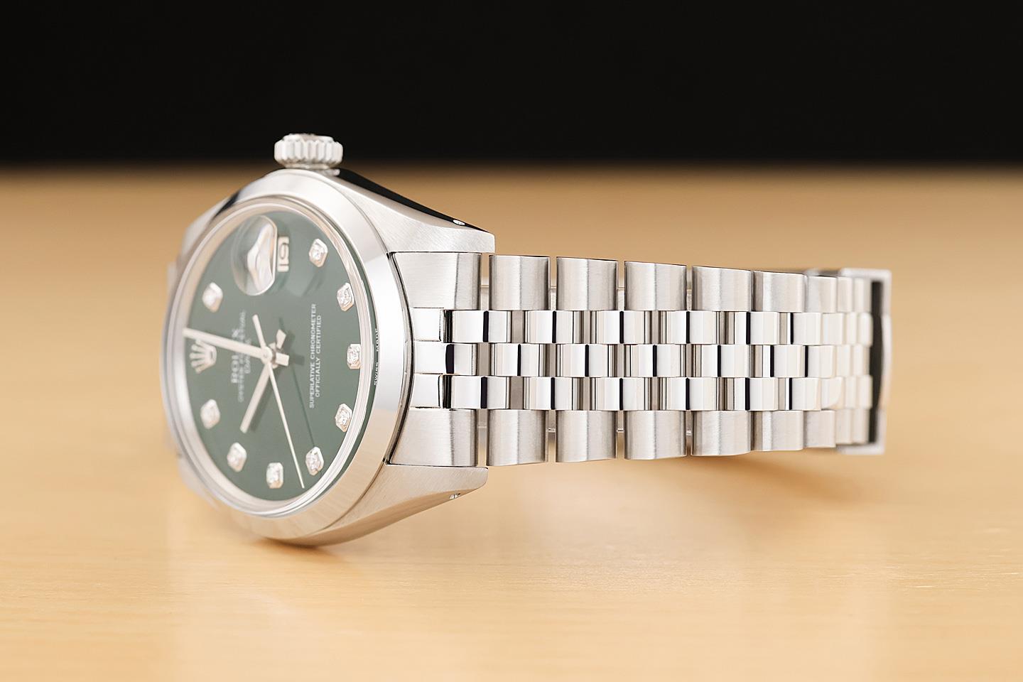 ROLEX OYSTER PERPETUAL DATE 1500 GREEN DIAMOND DIAL STAINLESS STEEL 34MM WATCH