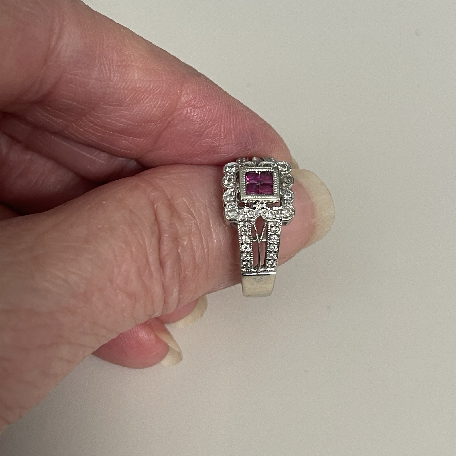 14k White Gold Natural Red Ruby Square Halo Ring w/ Diamond Accents Size 6
