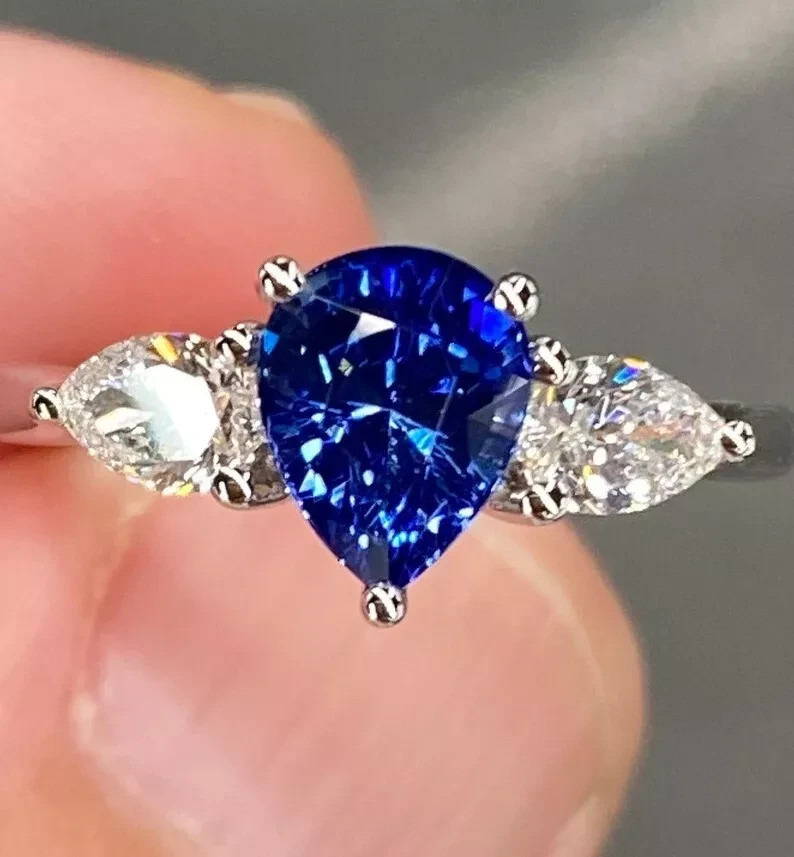 RARE 4.00 Ct Certified Pear Cut Natural Blue Diamond Ring White Gold Finish