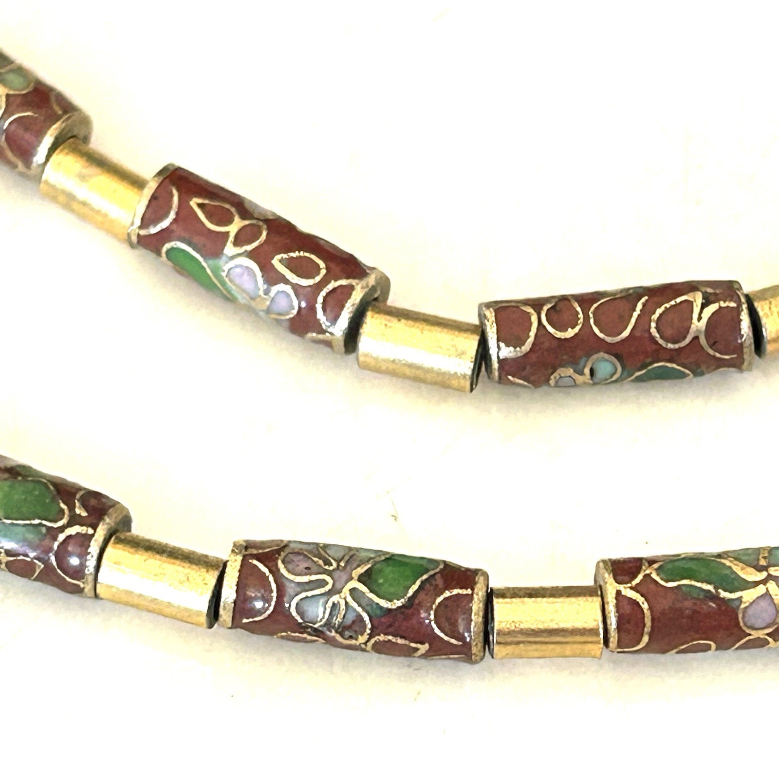 Vintage Chinese Export Cloisonne Enamel Tube Bead Necklace Red Gold Tone 22”