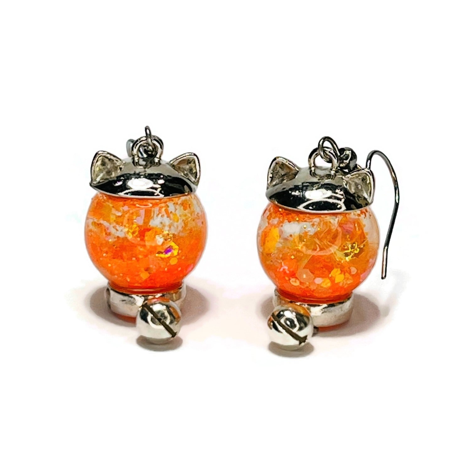 Orange Cat Crystal Ball Glow in the Dark Glass Water Globe Earrings